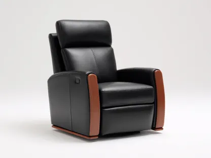 Fauteuil inclinable en cuir véritable noir/bois naturel - 90x95x105 cm - design moderne avec fonction réglable ergonomique-Loftilo