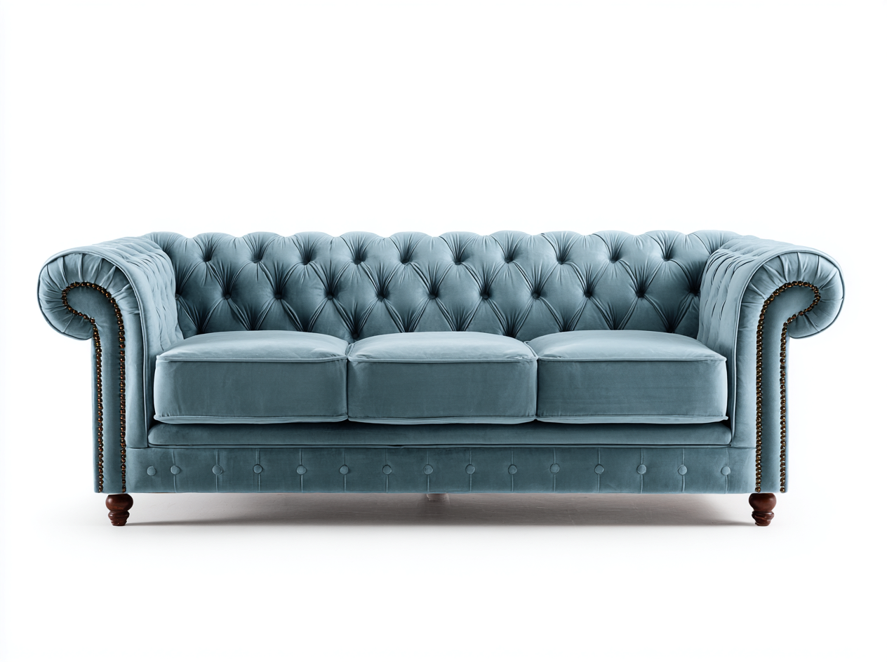 Canapé 3 places en velours bleu clair 210x90x80 cm - style Chesterfield classique et capitonné-Loftilo