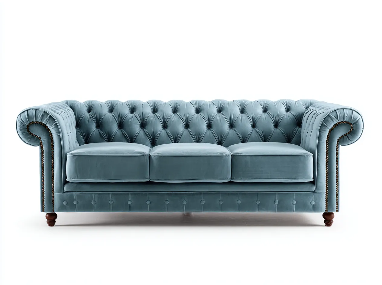 Canapé 3 places en velours bleu clair 210x90x80 cm - style Chesterfield classique et capitonné-Loftilo