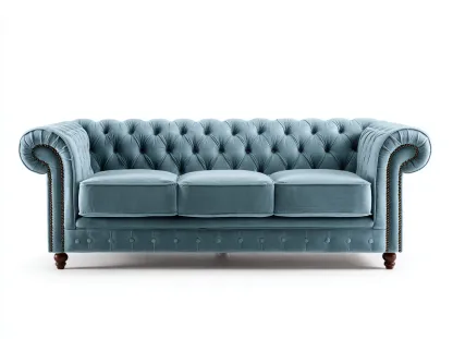 Canapé 3 places en velours bleu clair 210x90x80 cm - style Chesterfield classique et capitonné-Loftilo