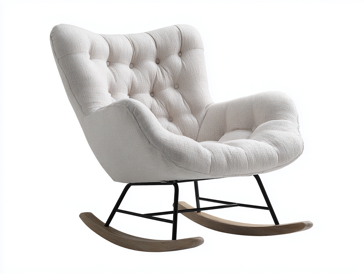 Fauteuil à bascule en tissu beige clair 70x90x100 cm - structure métal noir et bois naturel - style moderne et confortable-Loftilo
