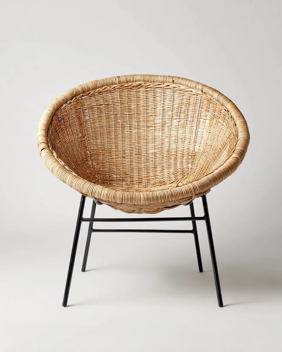 Fauteuil en rotin tressé couleur bois naturel et noir 67x65x87 cm - pieds en métal - style moderne bohème-Loftilo