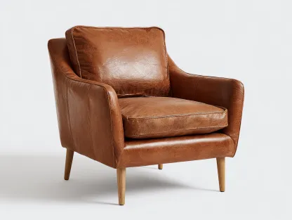 Fauteuil en cuir marron - 85x90x95 cm - style scandinave avec pieds en bois et coussins rembourrés-Loftilo