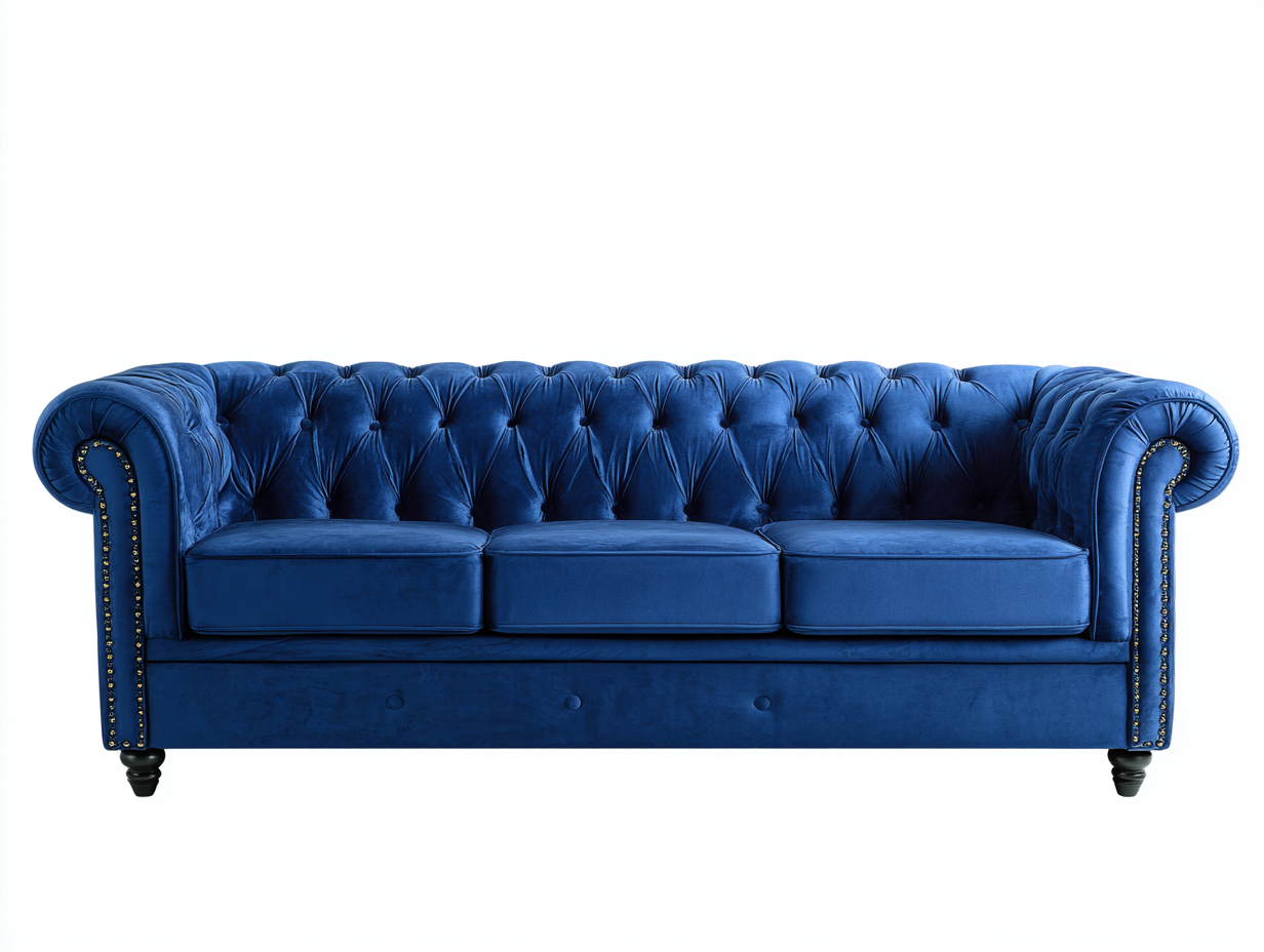Canapé 3 places en velours bleu 210x90x80 cm - style Chesterfield classique et raffiné-Loftilo