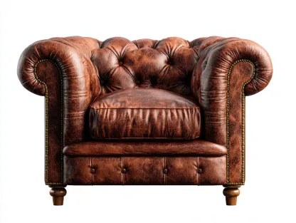Fauteuil club en cuir véritable 98x92x80 cm - brun vintage - style Chesterfield capitonné à pieds bois tournés-Loftilo