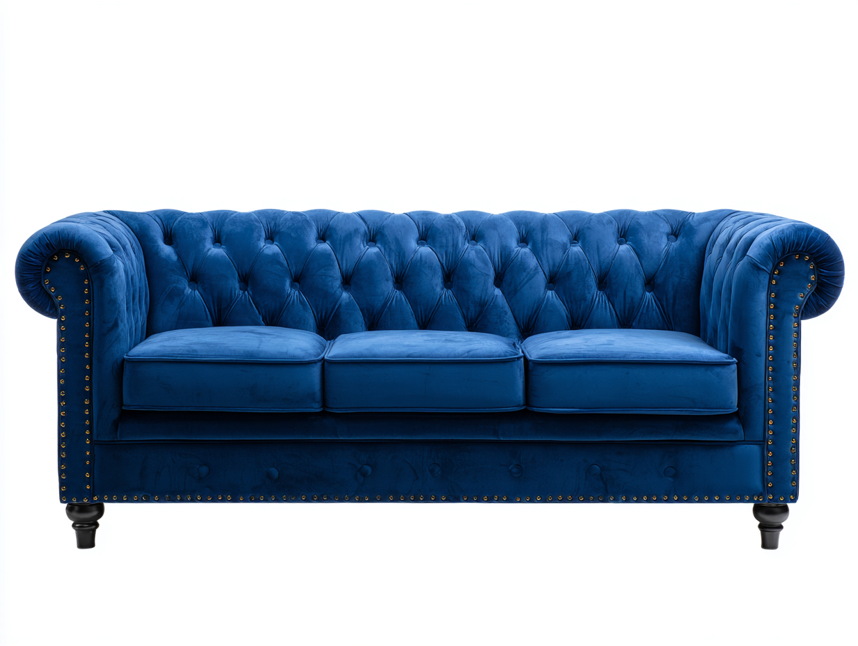Canapé 3 places en velours bleu 210x90x80 cm - style Chesterfield classique et élégant-Loftilo