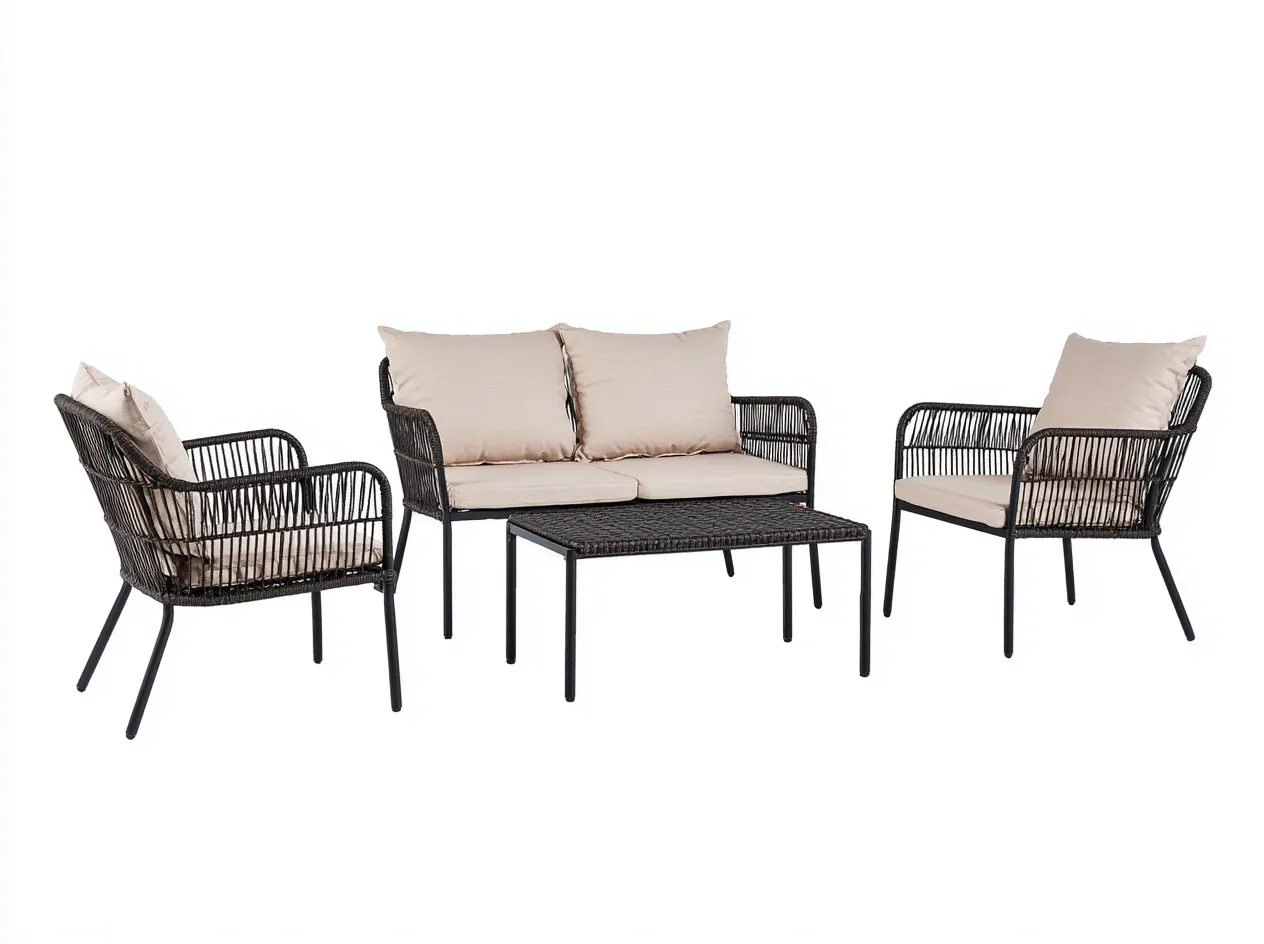 Salon de jardin 4 pièces en rotin synthétique et métal 63x70x82 cm (fauteuil) / 120x70x82 cm (canapé) / 85x50x45 cm (table) - rotin noir et beige - style moderne-Loftilo