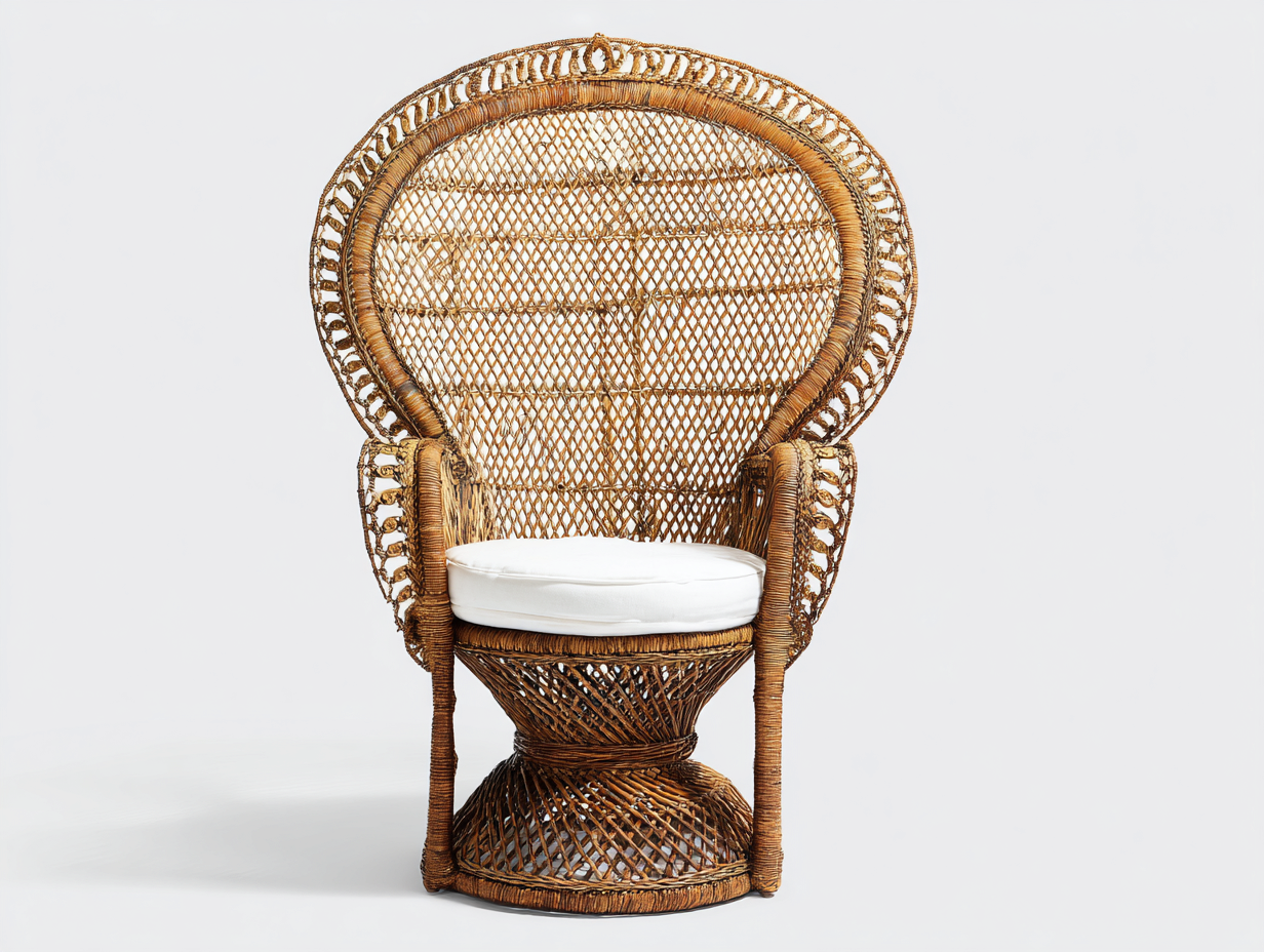 Fauteuil paon en rotin tressé 105x70x150 cm - bois naturel/blanc - dossier haut ajouré avec coussin-Loftilo