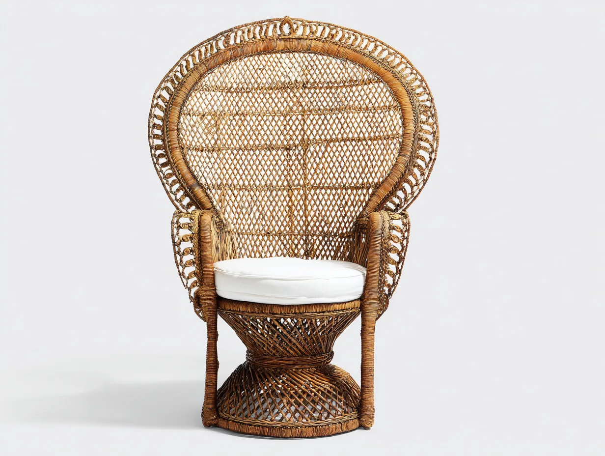 Fauteuil paon en rotin tressé 105x70x150 cm - bois naturel/blanc - dossier haut ajouré avec coussin-Loftilo