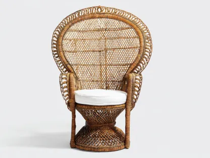 Fauteuil paon en rotin tressé 105x70x150 cm - bois naturel/blanc - dossier haut ajouré avec coussin-Loftilo