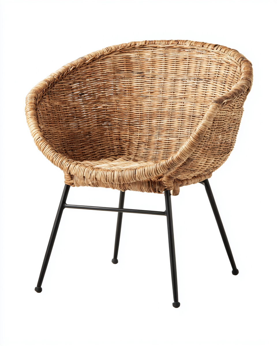 Fauteuil en rotin tressé couleur bois naturel et noir 68x66x88 cm - pieds en métal - style bohème contemporain-Loftilo