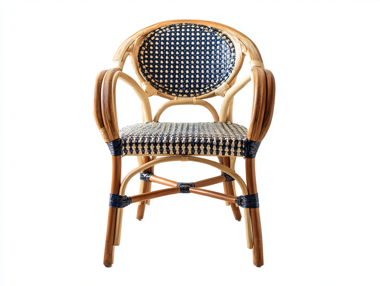 Fauteuil en rotin tressé 56x58x86 cm - naturel/bleu/beige - style bistrot parisien à dossier rond-Loftilo
