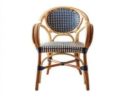 Fauteuil en rotin tressé 56x58x86 cm - naturel/bleu/beige - style bistrot parisien à dossier rond-Loftilo