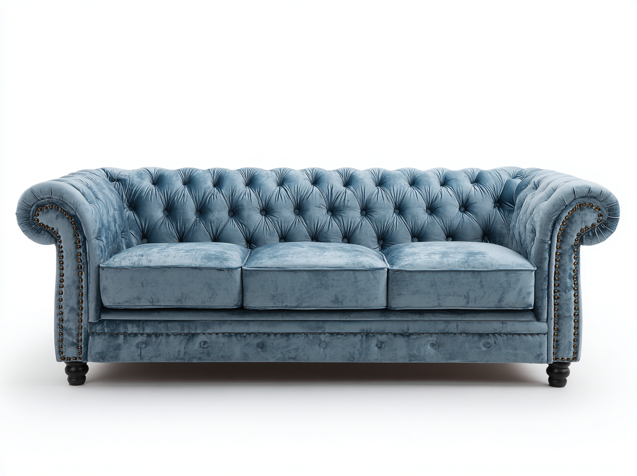 Canapé trois places en velours lisse 210x90x85 cm - bleu clair - style Chesterfield classique-Loftilo