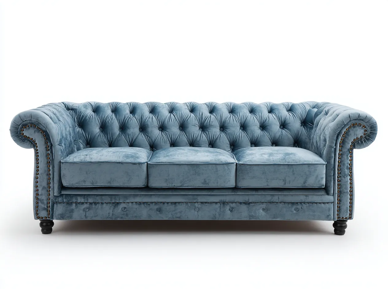 Canapé trois places en velours lisse 210x90x85 cm - bleu clair - style Chesterfield classique-Loftilo