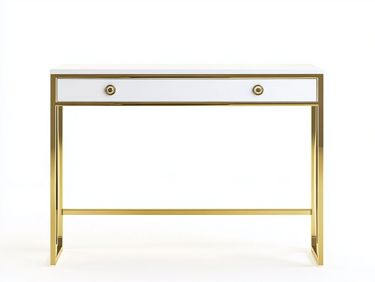 Bureau traditionnel en MDF et métal 105x50x75 cm - blanc/or - avec espace de rangement - style moderne raffiné-Loftilo