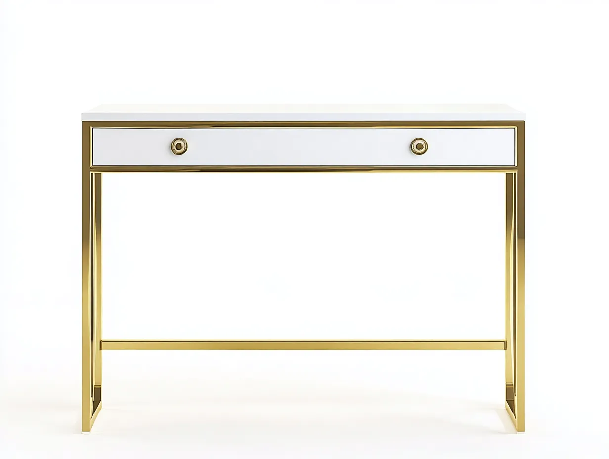 Bureau traditionnel en MDF et métal 105x50x75 cm - blanc/or - avec espace de rangement - style moderne raffiné-Loftilo