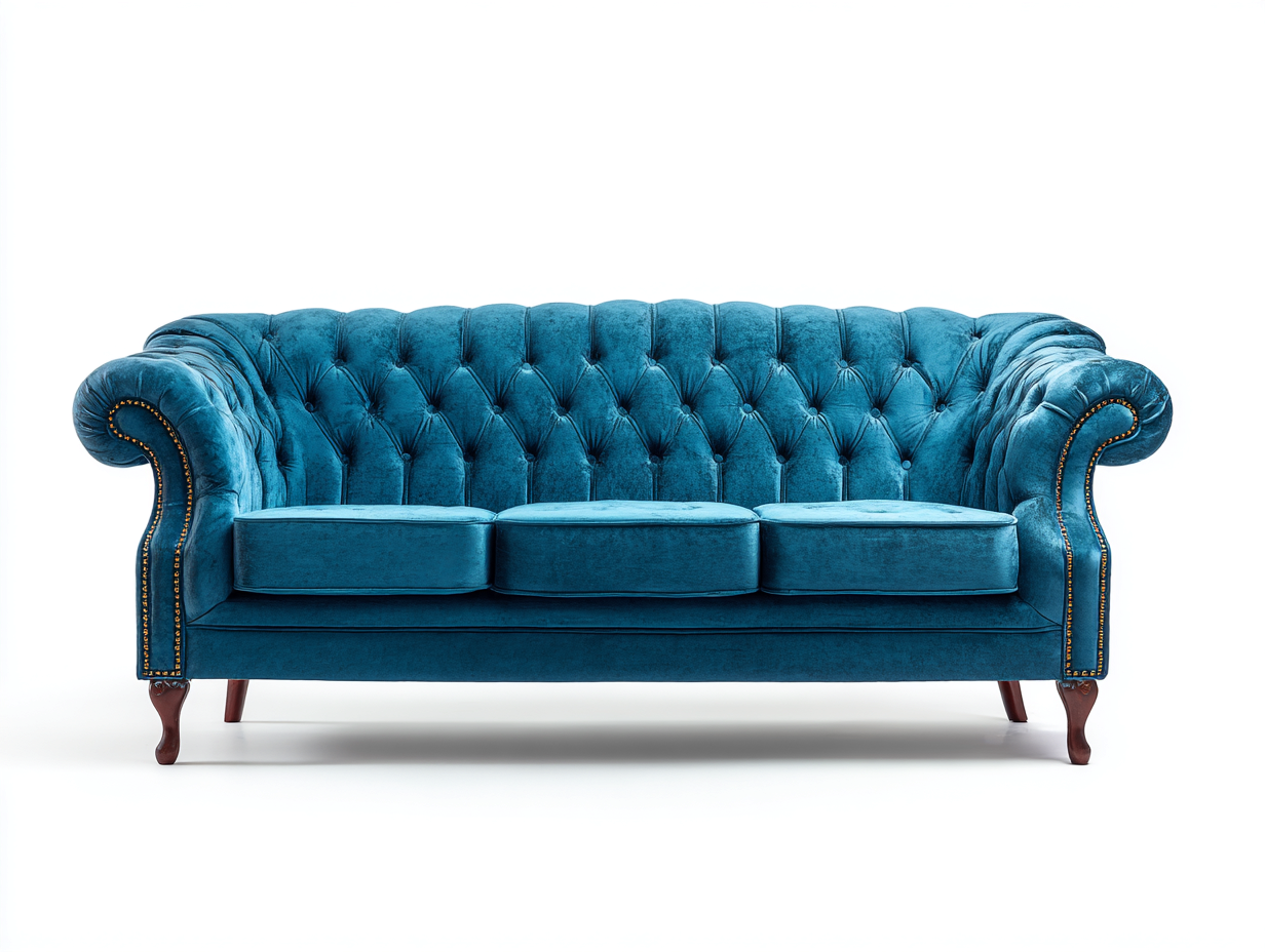 Canapé 3 places en velours bleu 200x90x78 cm - style Chesterfield capitonné - avec clous décoratifs dorés-Loftilo