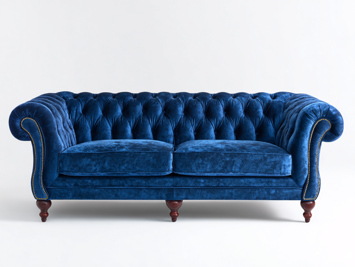 Canapé trois places en velours lisse 210x90x85 cm - bleu marine - style Chesterfield classique-Loftilo
