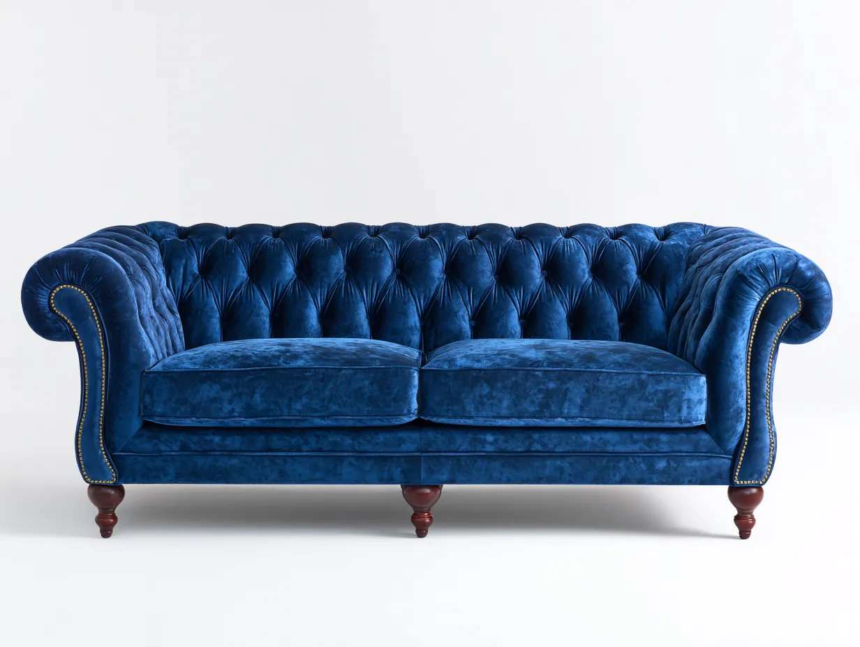 Canapé trois places en velours lisse 210x90x85 cm - bleu marine - style Chesterfield classique-Loftilo