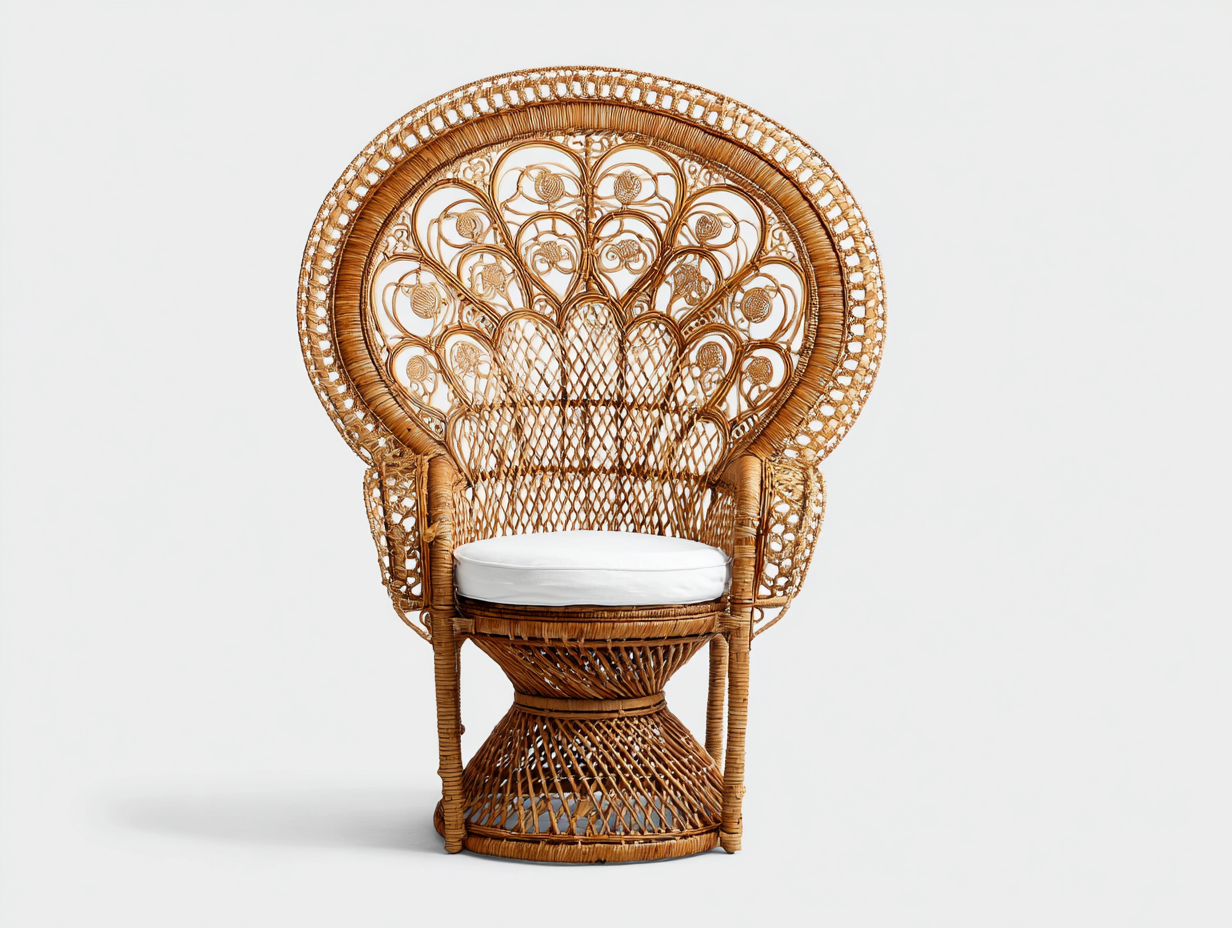 Fauteuil paon en rotin tressé 105x70x150 cm - bois naturel/blanc - dossier haut sculpté avec coussin-Loftilo