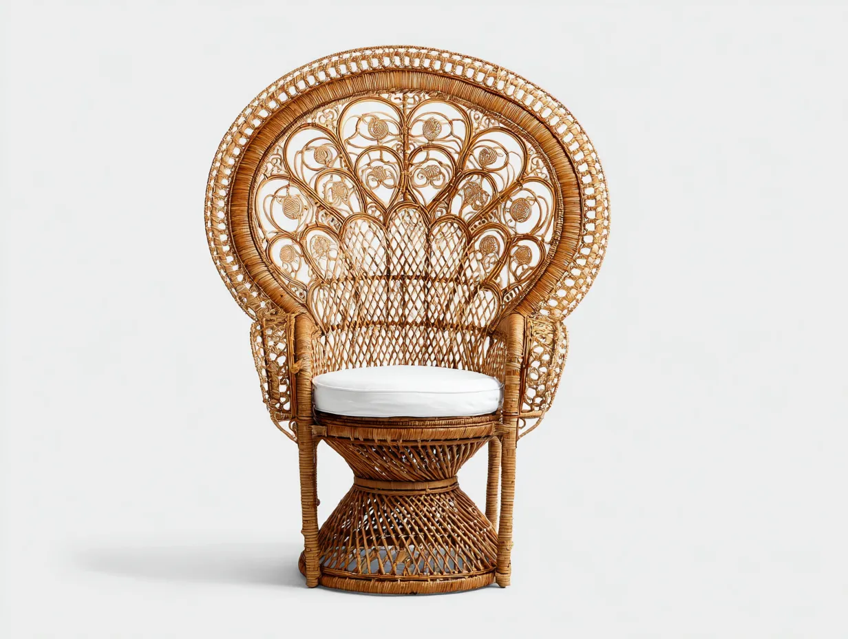 Fauteuil paon en rotin tressé 105x70x150 cm - bois naturel/blanc - dossier haut sculpté avec coussin-Loftilo