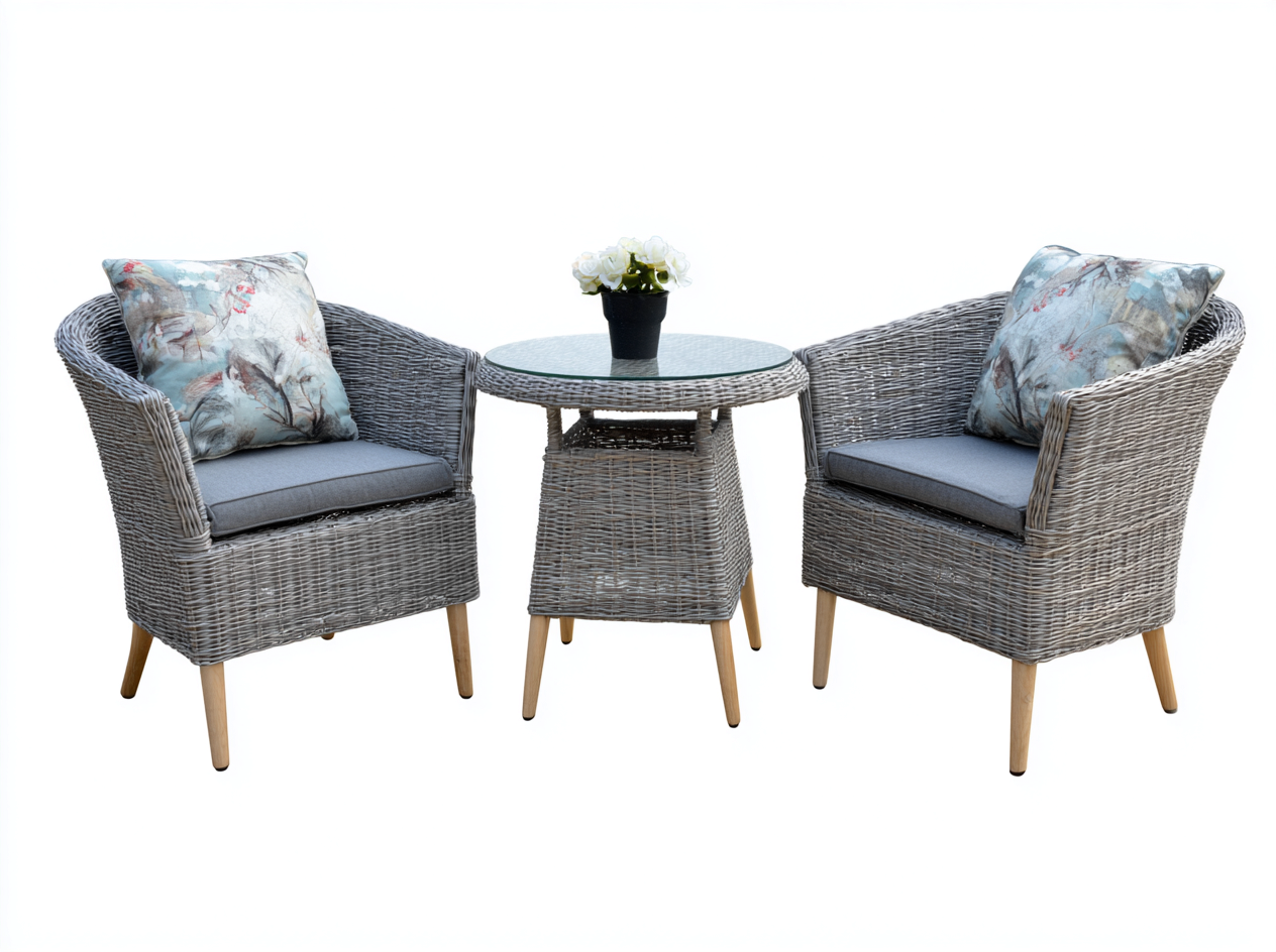 Salon de jardin 3 pièces en rotin synthétique 64x68x82 cm (fauteuil) et 58x58x70 cm (table) - gris rotin et gris - table ronde en verre - style moderne-Loftilo