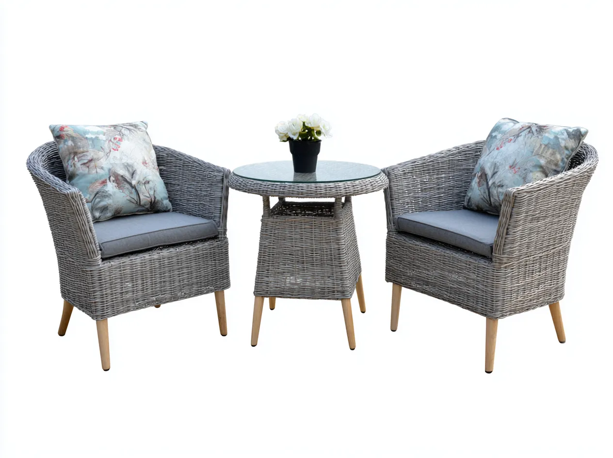 Salon de jardin 3 pièces en rotin synthétique 64x68x82 cm (fauteuil) et 58x58x70 cm (table) - gris rotin et gris - table ronde en verre - style moderne-Loftilo