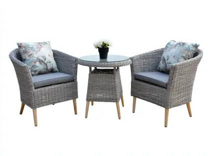 Salon de jardin 3 pièces en rotin synthétique 64x68x82 cm (fauteuil) et 58x58x70 cm (table) - gris rotin et gris - table ronde en verre - style moderne-Loftilo