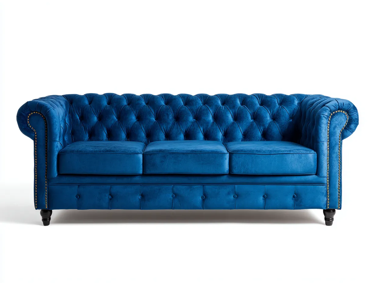 Canapé trois places en velours 210x90x75 cm - bleu foncé - style Chesterfield classique-Loftilo
