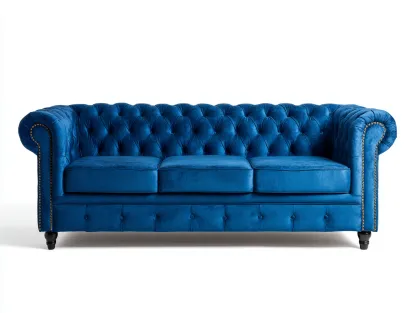 Canapé trois places en velours 210x90x75 cm - bleu foncé - style Chesterfield classique-Loftilo