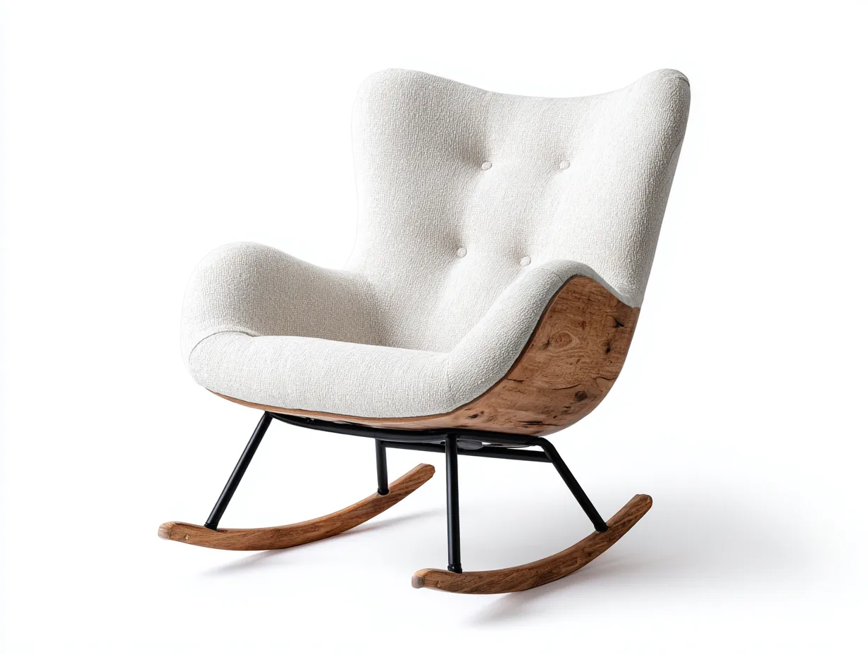 Fauteuil à bascule en tissu bouclette - 80x90x98 cm - blanc cassé - coque en bois courbé et piètement métal noir-Loftilo