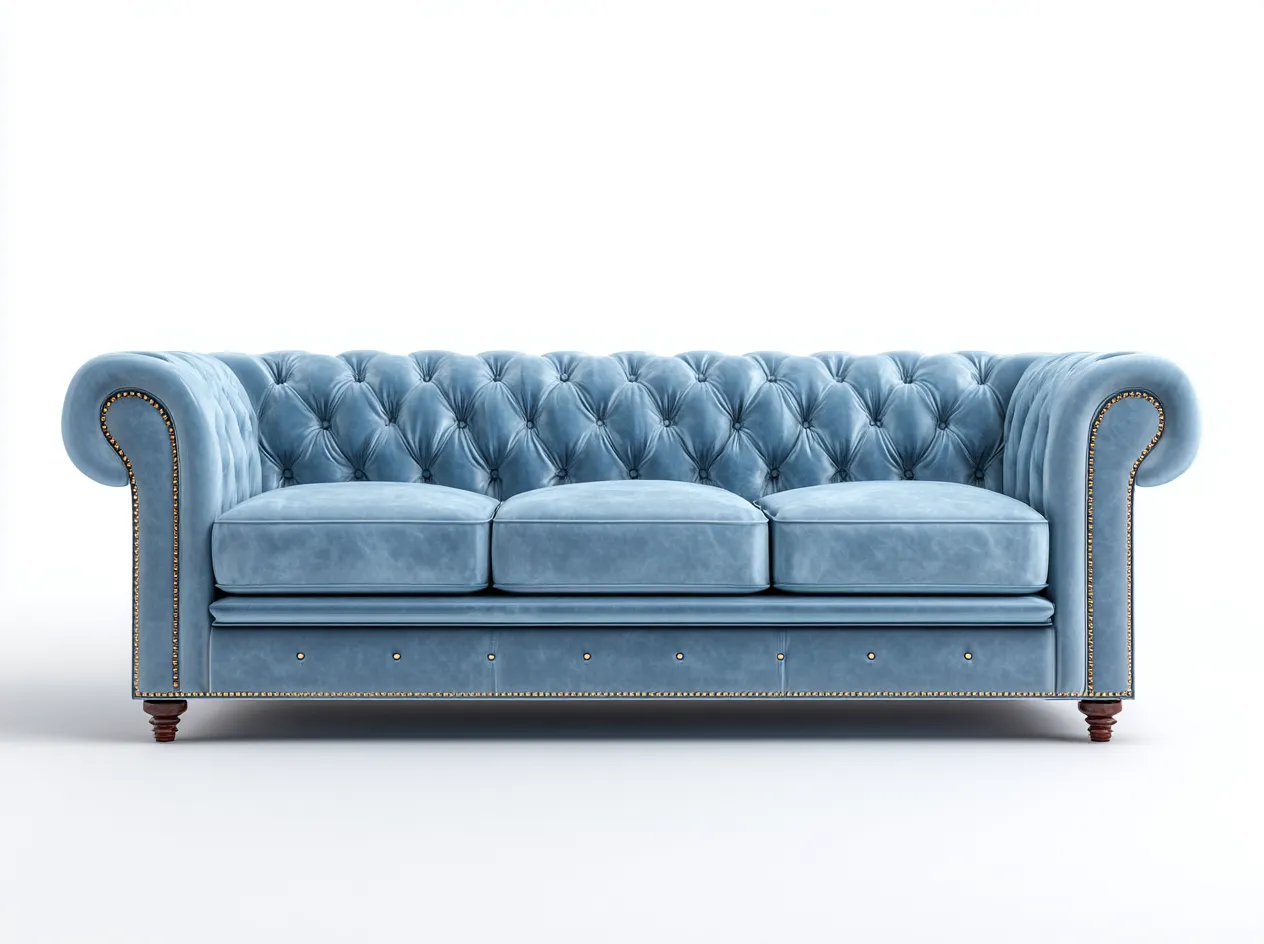 Canapé trois places en velours lisse 210x90x85 cm - bleu ciel - style Chesterfield classique-Loftilo