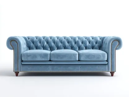 Canapé trois places en velours lisse 210x90x85 cm - bleu ciel - style Chesterfield classique-Loftilo