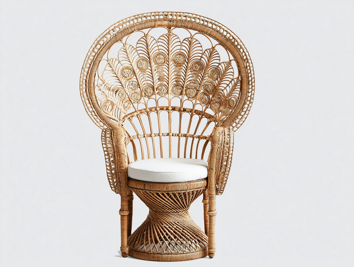 Fauteuil en rotin tressé couleur bois naturel 108x72x152 cm - coussin blanc - style bohème royal-Loftilo