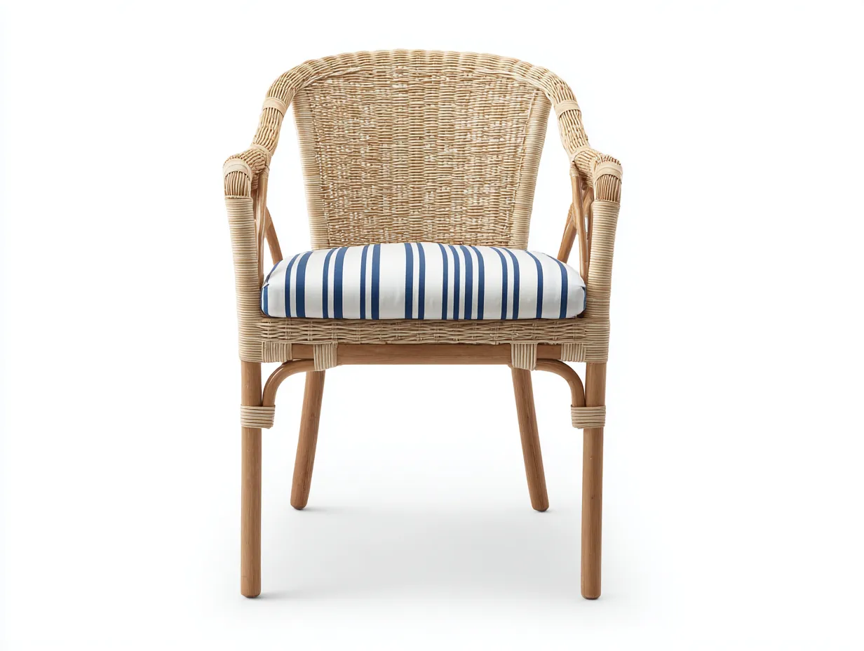 Fauteuil en rotin tressé 58x60x85 cm - naturel/bleu/blanc - style bord de mer avec coussin rayé-Loftilo
