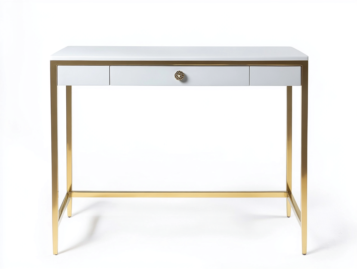 Bureau traditionnel en MDF et métal 105x50x75 cm - blanc/or - avec espace de rangement - style contemporain raffiné-Loftilo