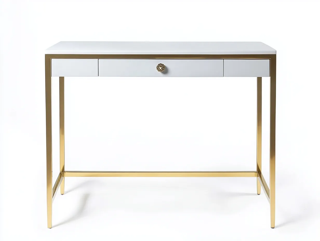 Bureau traditionnel en MDF et métal 105x50x75 cm - blanc/or - avec espace de rangement - style contemporain raffiné-Loftilo