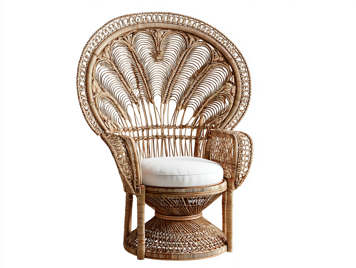 Fauteuil en rotin tressé couleur bois clair 110x70x150 cm - coussin blanc - style bohème élégant-Loftilo