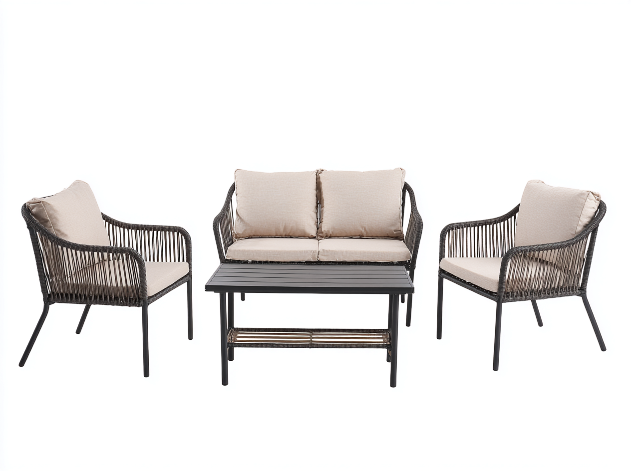 Ensemble de salon de jardin en rotin et métal - canapé 120x70x80 cm + fauteuil 65x70x80 cm + table 90x50x45 cm - noir/beige - style moderne-Loftilo