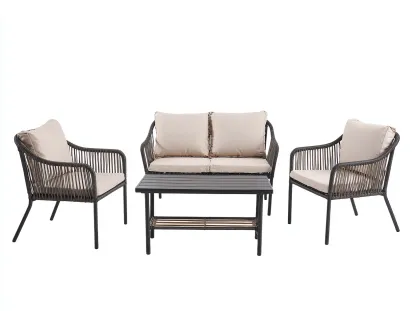 Ensemble de salon de jardin en rotin et métal - canapé 120x70x80 cm + fauteuil 65x70x80 cm + table 90x50x45 cm - noir/beige - style moderne-Loftilo