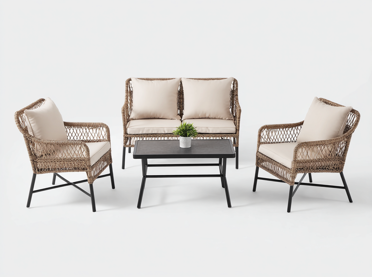 Salon de jardin 4 pièces en rotin synthétique et métal 65x70x85 cm (fauteuil) / 120x70x85 cm (canapé) / 90x50x45 cm (table) - rotin brun beige et noir - style contemporain-Loftilo