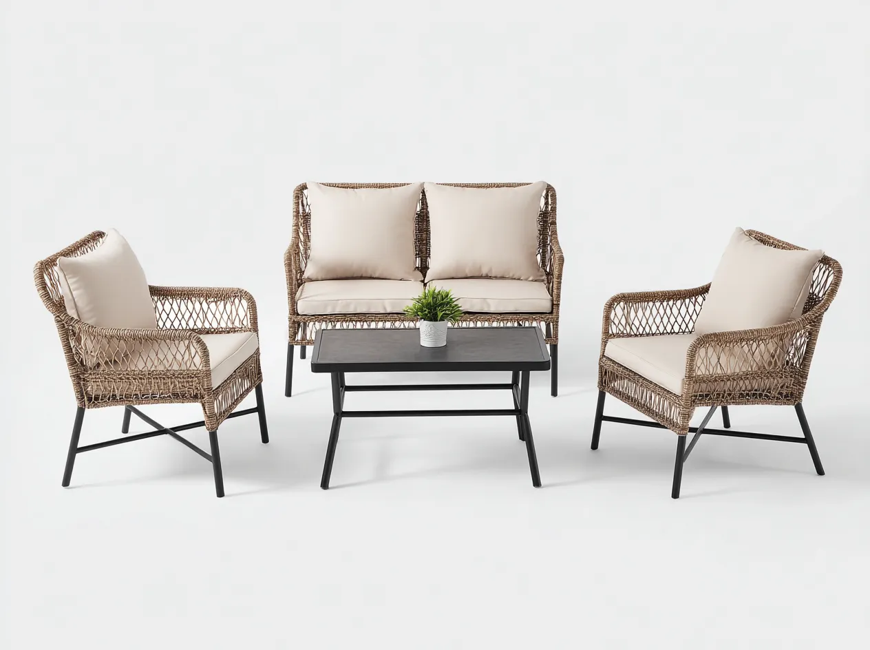 Salon de jardin 4 pièces en rotin synthétique et métal 65x70x85 cm (fauteuil) / 120x70x85 cm (canapé) / 90x50x45 cm (table) - rotin brun beige et noir - style contemporain-Loftilo