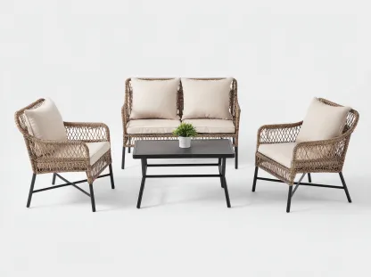 Salon de jardin 4 pièces en rotin synthétique et métal 65x70x85 cm (fauteuil) / 120x70x85 cm (canapé) / 90x50x45 cm (table) - rotin brun beige et noir - style contemporain-Loftilo