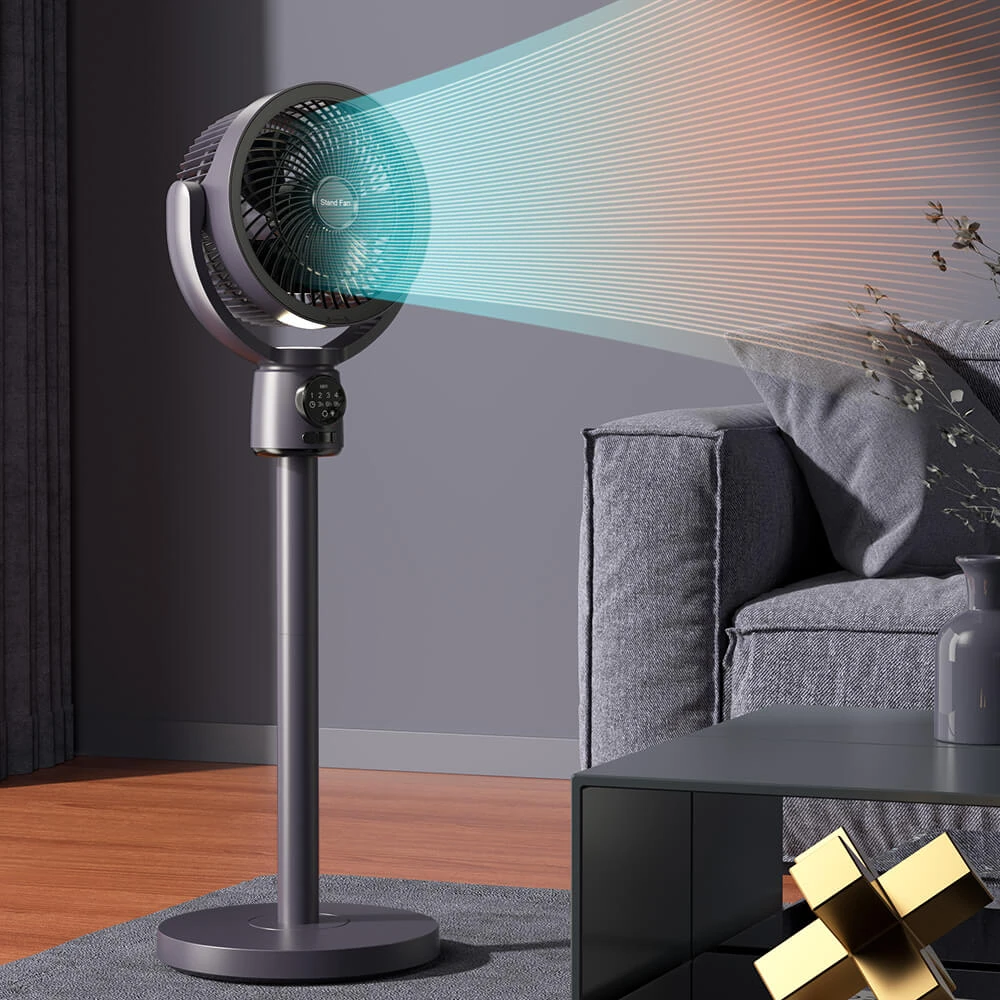 Standventilator mit Luftstrom-Visualisierung in einem modernen Wohnzimmer