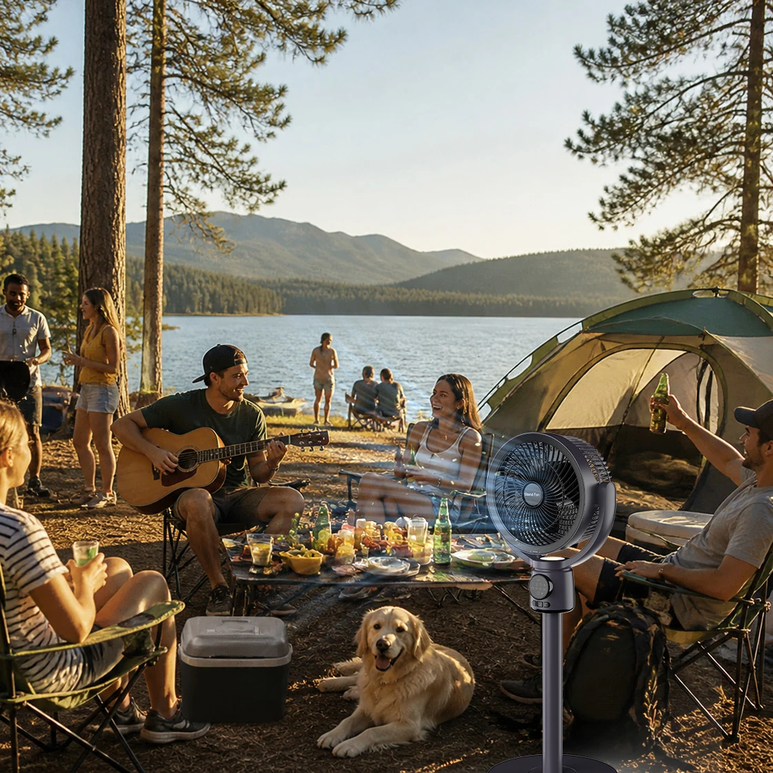Camping-Szene mit Ventilator am See