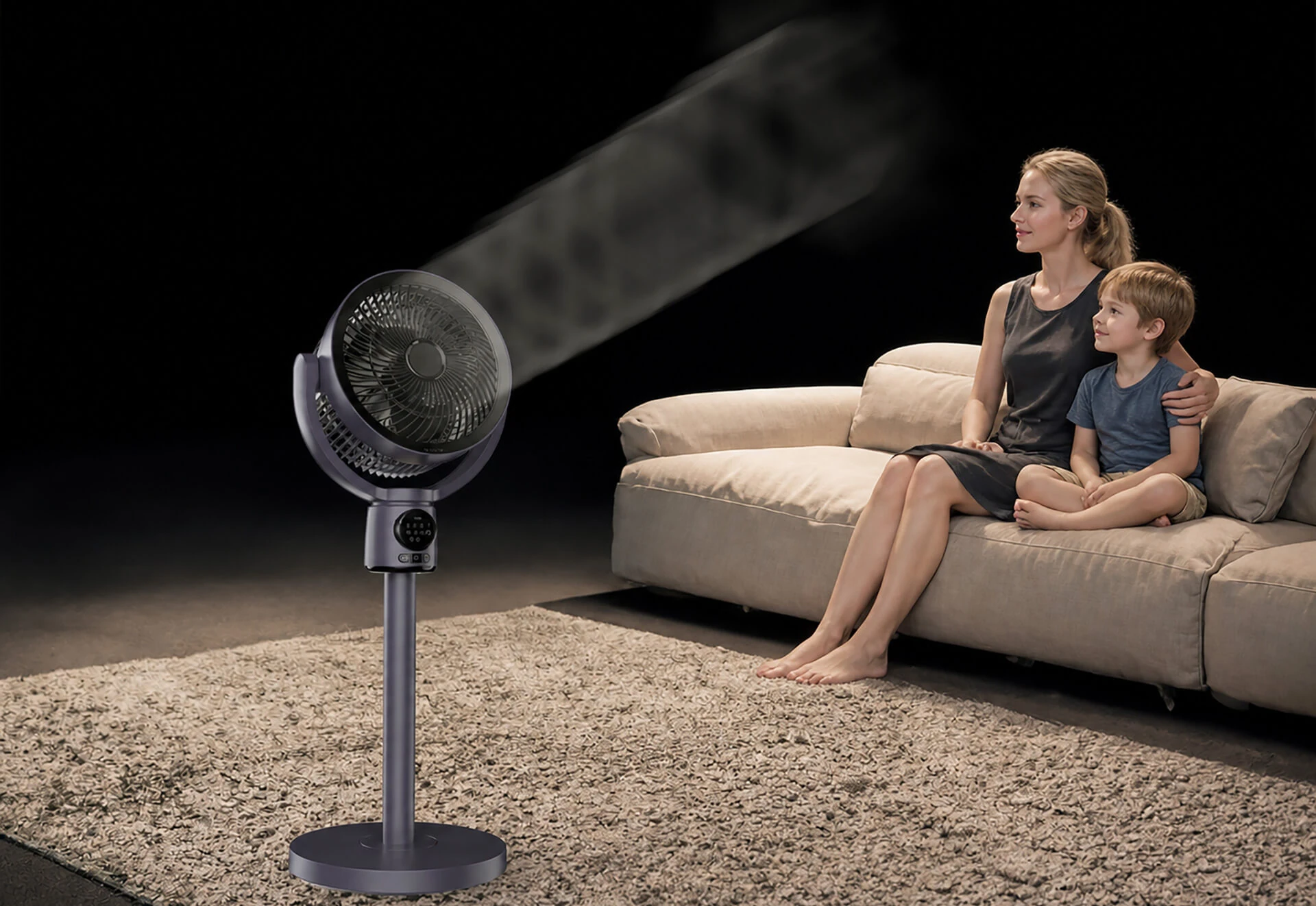Smart air circulation fan with family on sofa