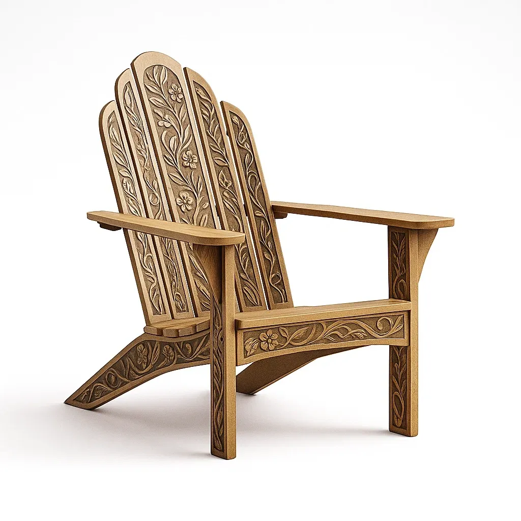 Sedia adirondack in legno intagliato con finitura naturale