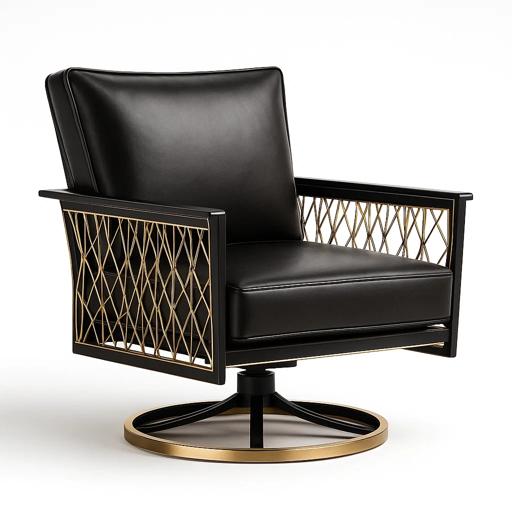 Poltrona girevole in pelle nera con struttura in metallo oro