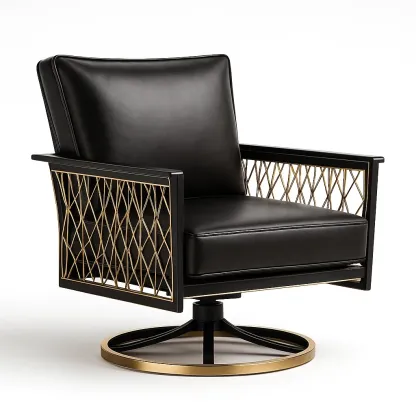 Poltrona girevole in pelle nera con struttura in metallo oro